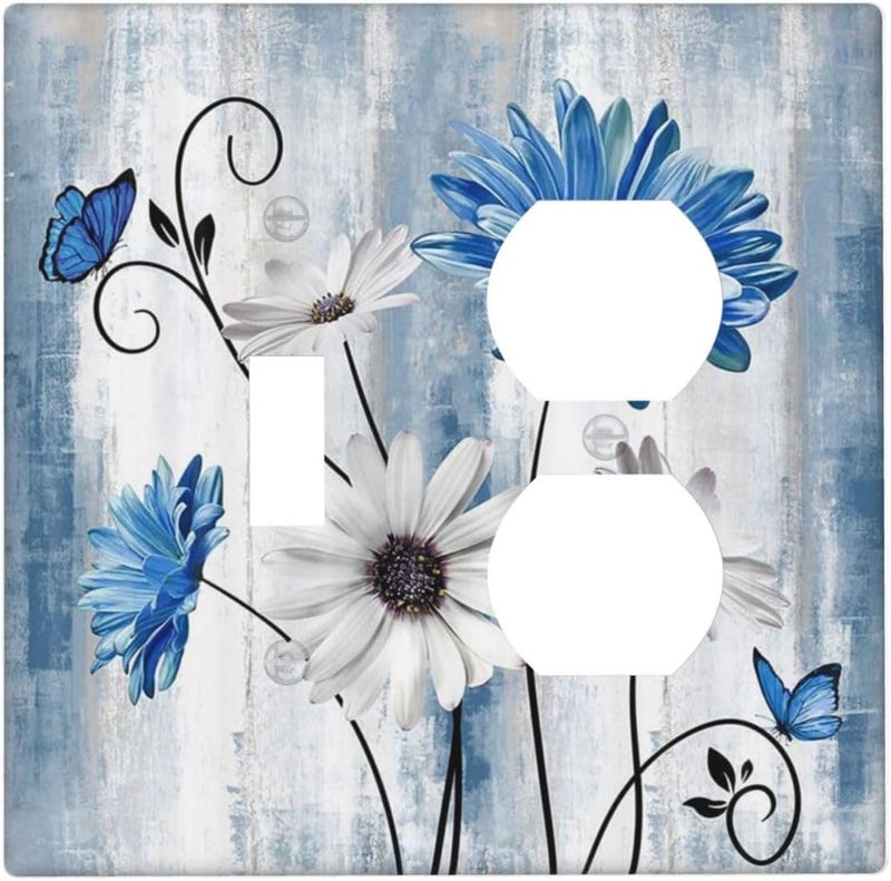 Sghxwp Light Switch Cover Rustic Teal Blue Daisy Floral Farmhouse 2 Gang Outlet Cover 1 Toggle Duplex Decorative Switch Plates Wall Plate Electrical Receptacle Faceplate for Bathroom Bedroom - Image 1